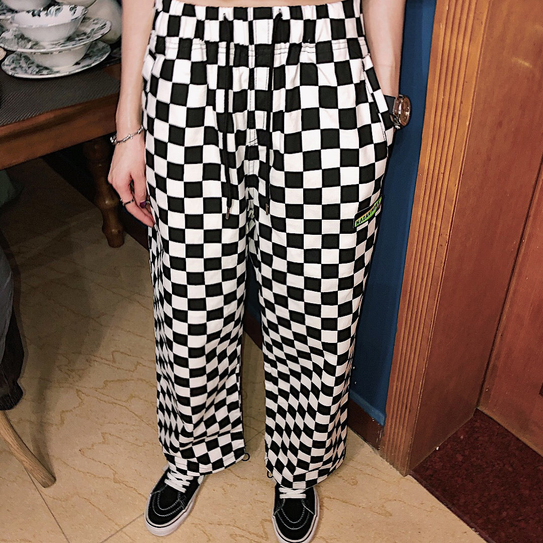 Harajuku Contrast Checkerboard Wide-leg Pants