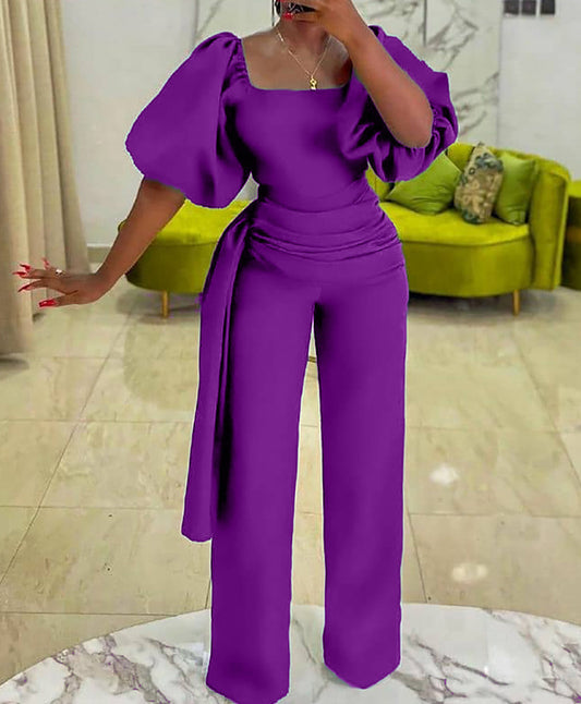 Solid Color Elegant Jumpsuit w/Wrap Tie (up to 3XL)