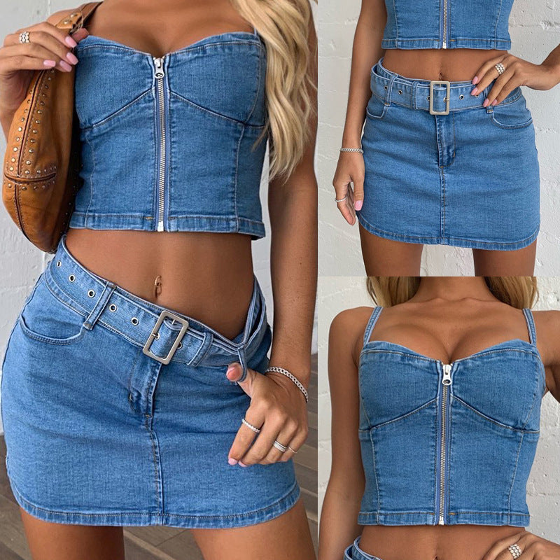 Denim Sling Zip Wrap Mini Tank Top Skirt