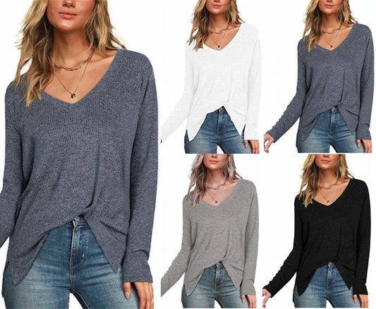 Solid Color Long Sleeve V-neck Split Shirt