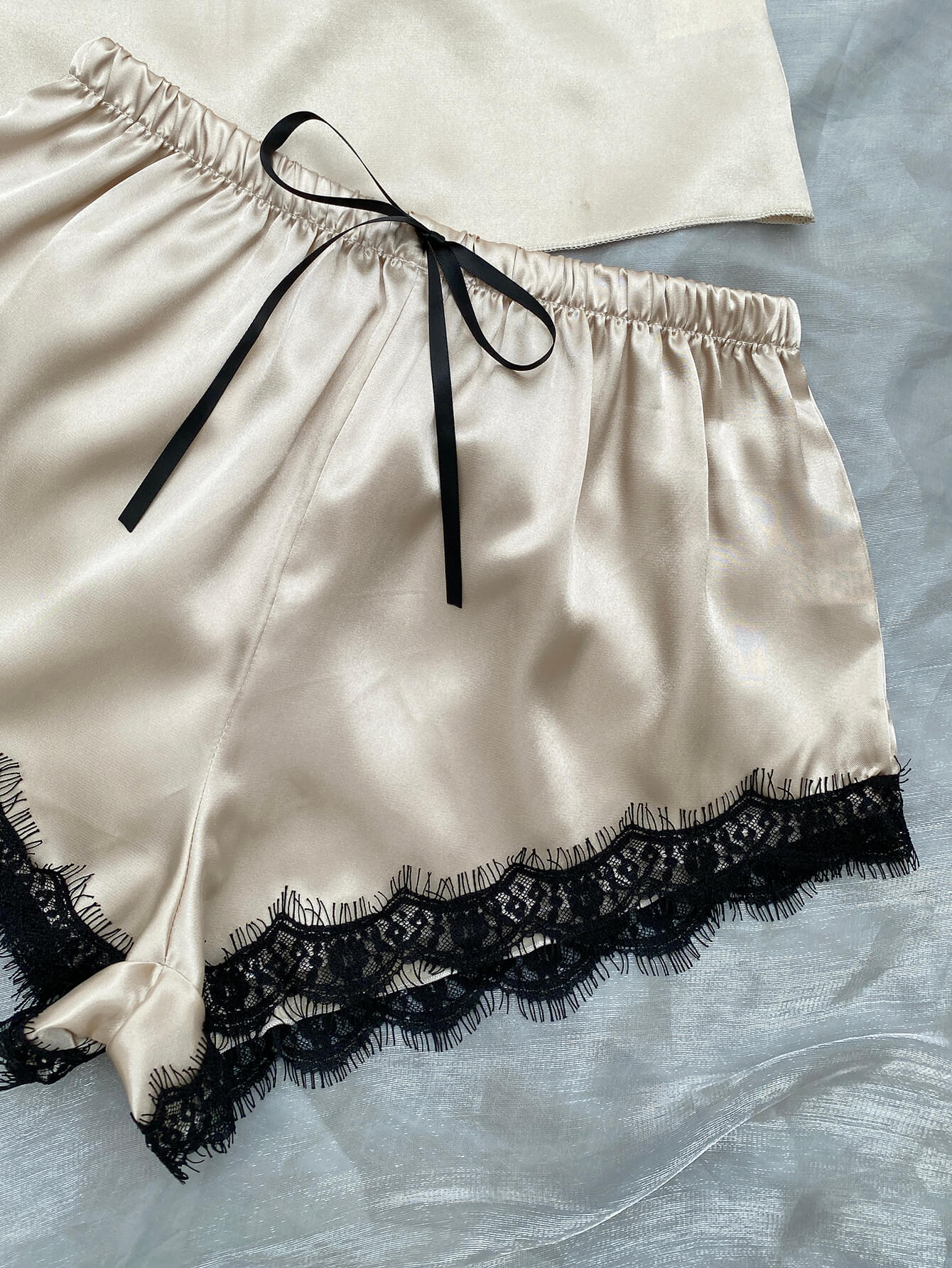 Satin Pajama Set-Lace Trim Cami, Shorts, Eye Mask, Scrunchie, and Bag