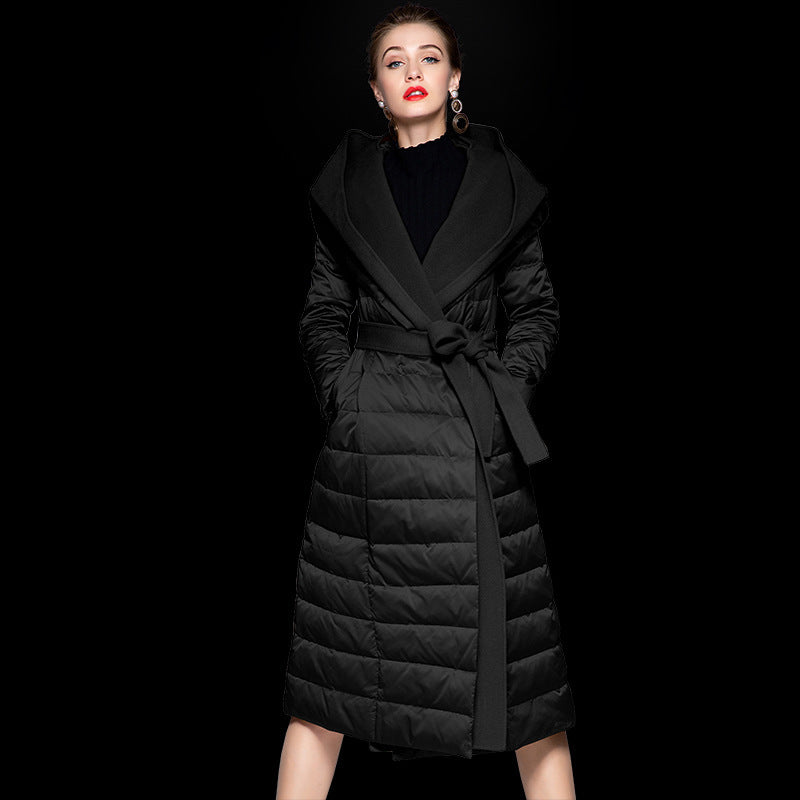 Knee High Lace Up Patchwork Hooded Down Jacket