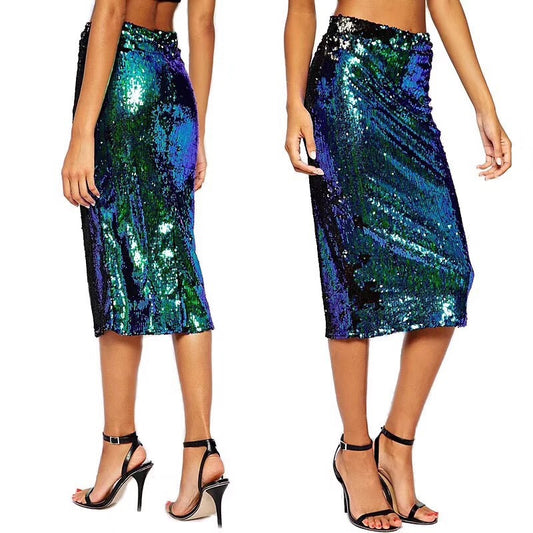 Elastic Waistband Sequined Hip Skirt