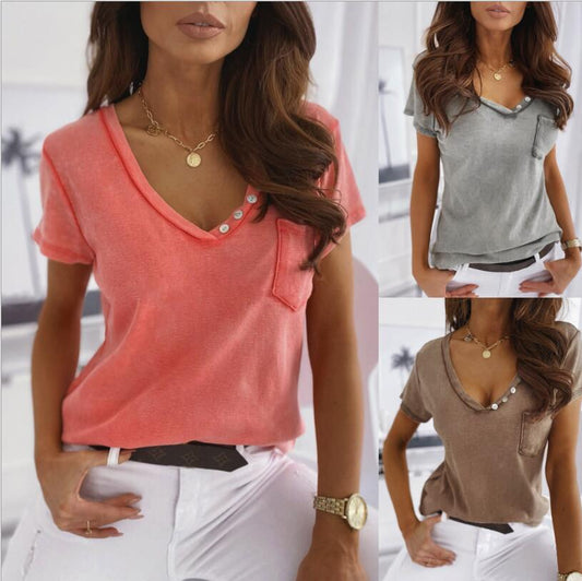 Short-sleeve V-neck Button T-shirt (up to 3XL)