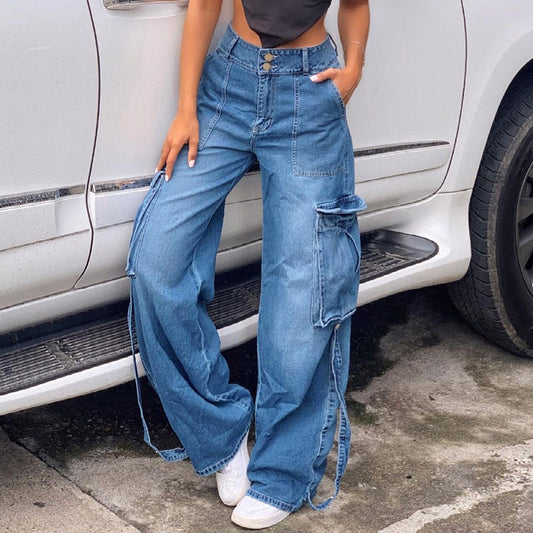 Small Waist Wide Leg Denim Blue Jeans