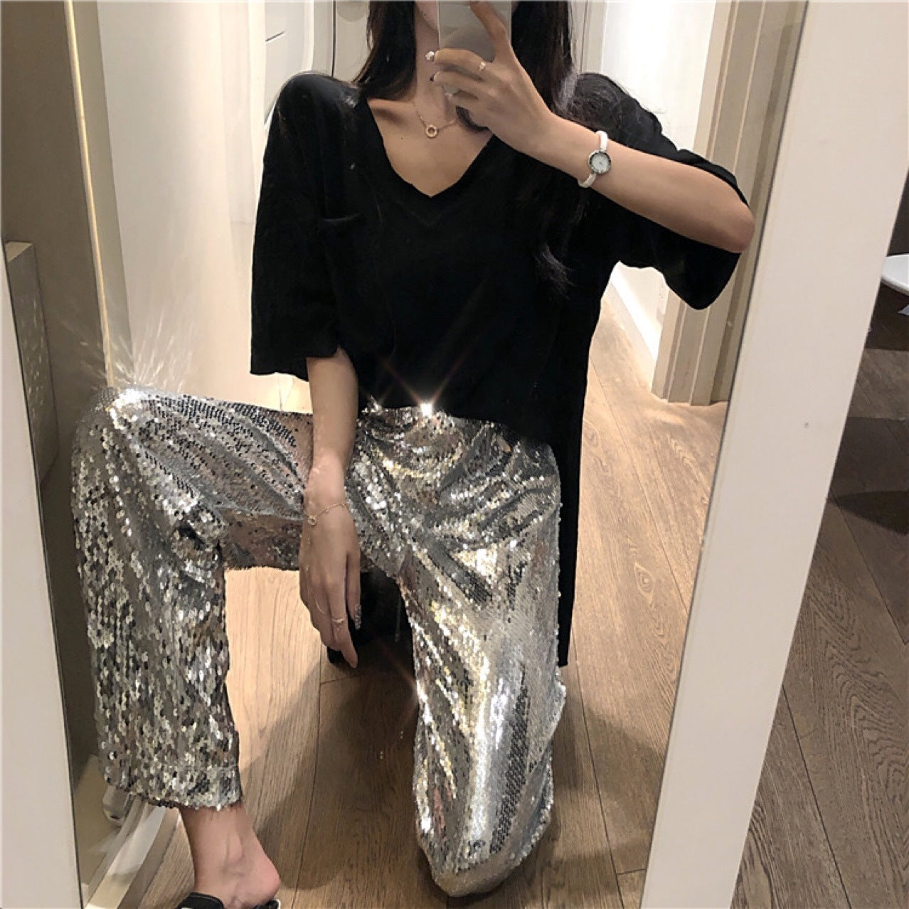 Loose Fitting Shimmering Silver Pants