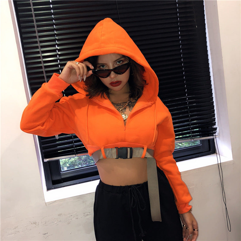 Orange Hooded Crop Top Zip and Latch Drawstring Two Piece Set