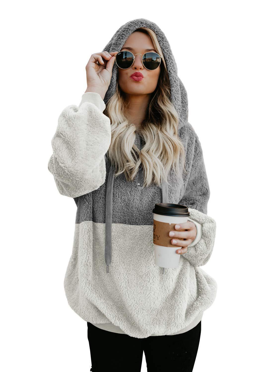 Two Tone Plush Drawstring Hoodie