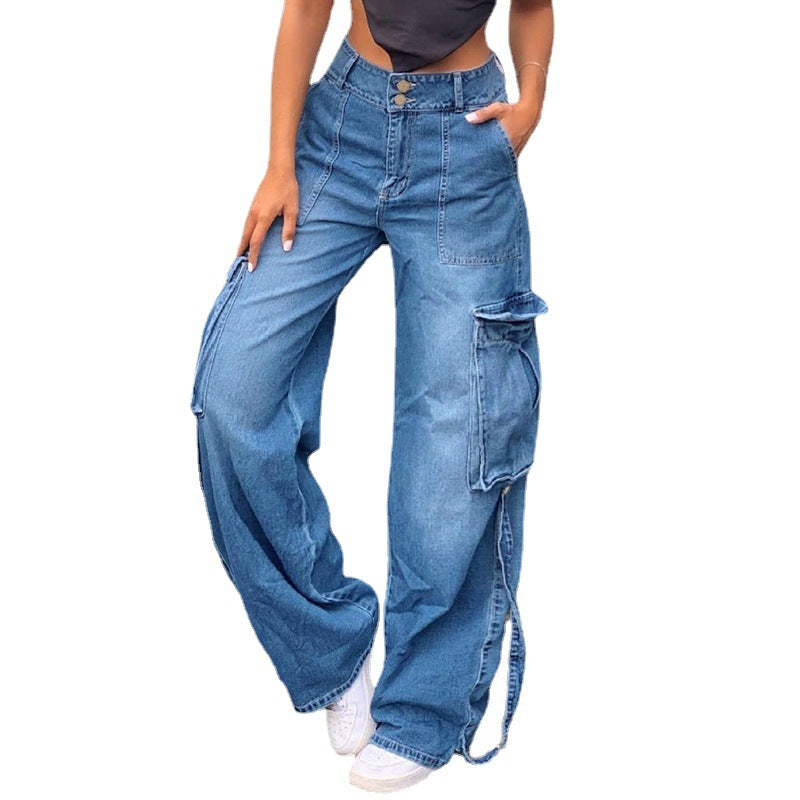 Small Waist Wide Leg Denim Blue Jeans