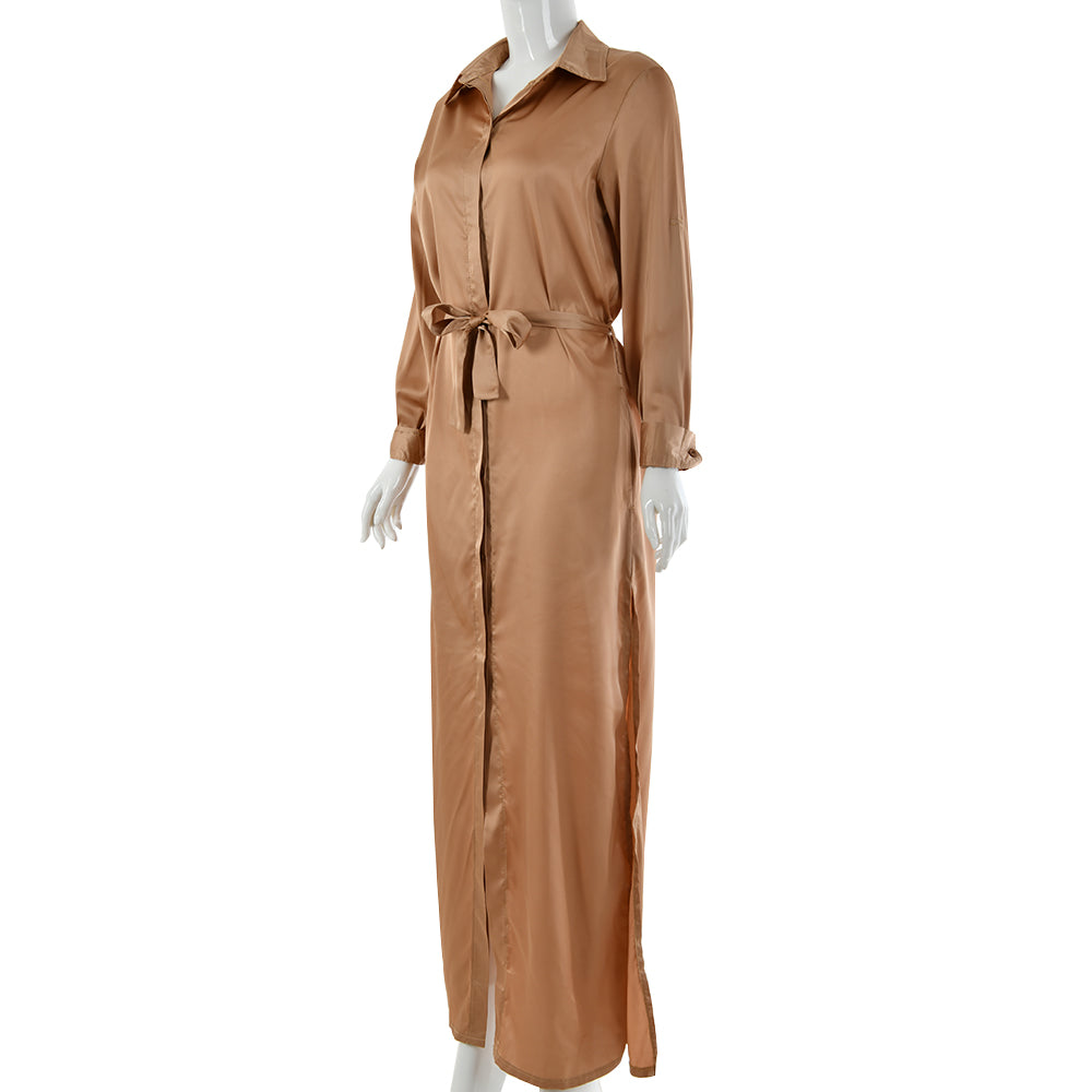 Long Sleeve Faux Satin Dress