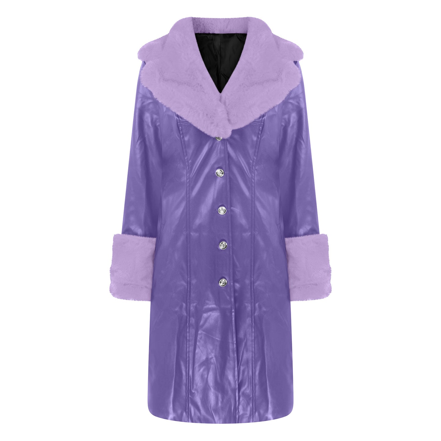 Long Faux Leather & Faux Fur Collar-n-Cuff Coat