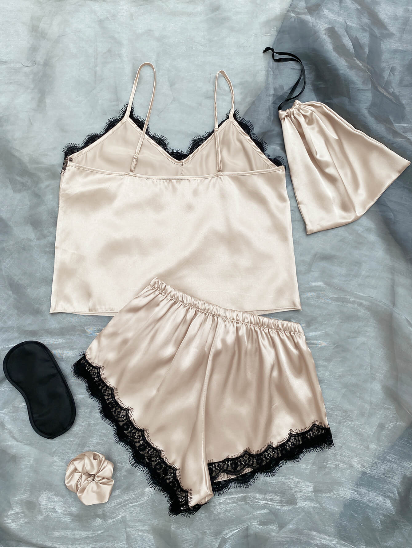 Satin Pajama Set-Lace Trim Cami, Shorts, Eye Mask, Scrunchie, and Bag