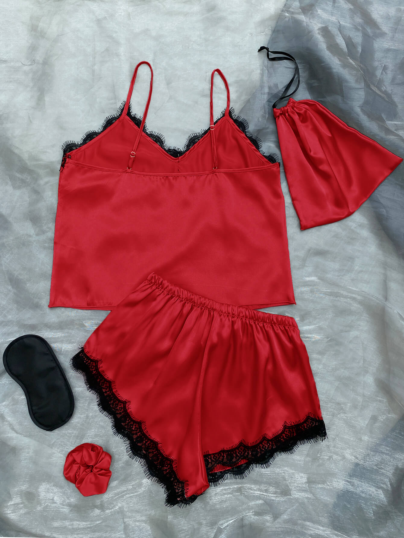 Satin Pajama Set-Lace Trim Cami, Shorts, Eye Mask, Scrunchie, and Bag