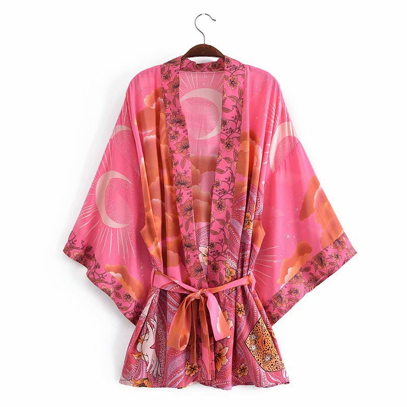 Loose Belted Moon Print Cardigan Women's Kimono