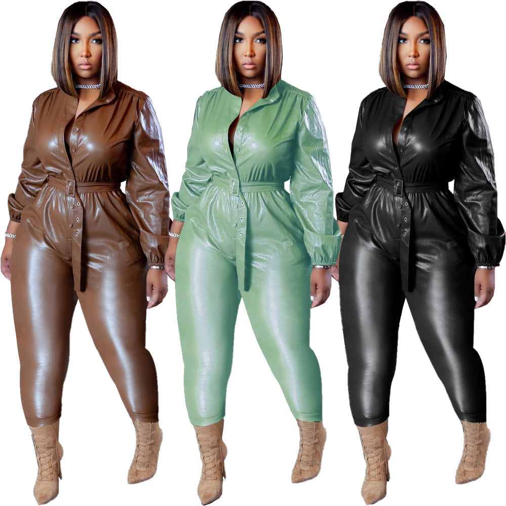 Faux Leather Button Up Waist Belt Jumpsuit