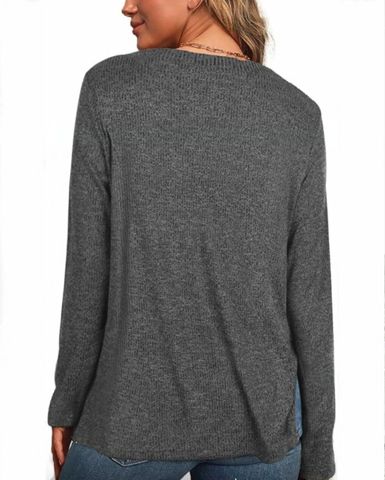 Solid Color Long Sleeve V-neck Split Shirt