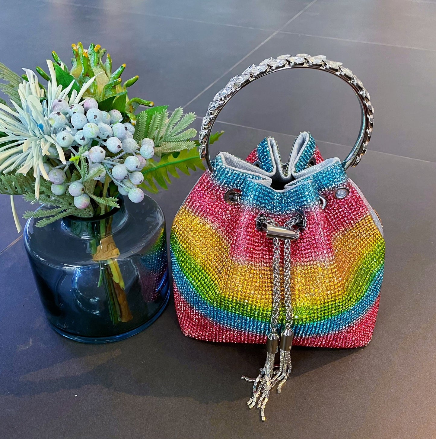 Round Handle Diamond Tassel Bag