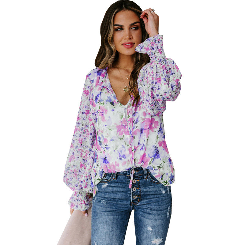 Floral Lantern Sleeve Loose Fitting Shirt (Plus sizes)