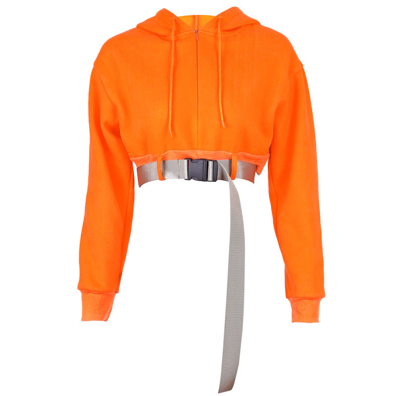 Orange Hooded Crop Top Zip and Latch Drawstring Two Piece Set