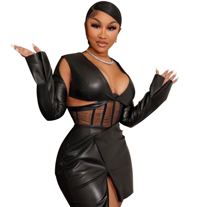 Sheath Mesh Corset Faux Leather Dress