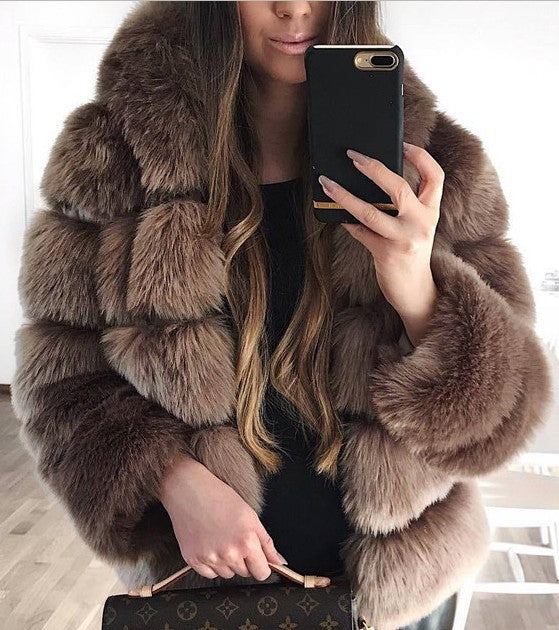 Faux Fur Puff Coat w/Hood (up to 4XL)