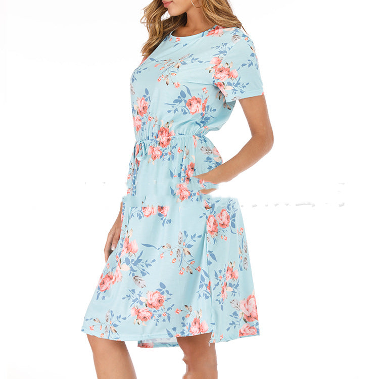 Floral Short-sleeved Knee-length Dress