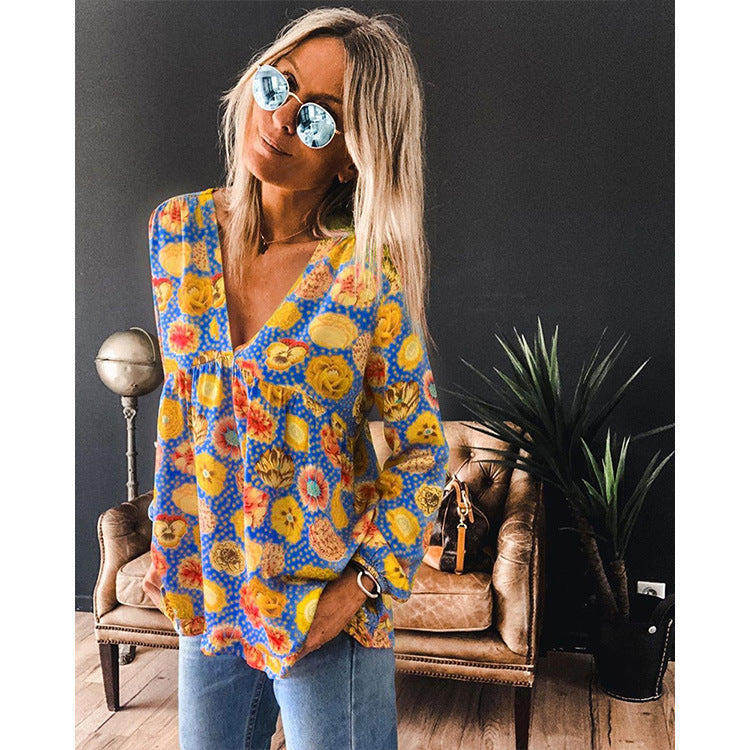 Floral Lantern Sleeve V-Neck Blouse