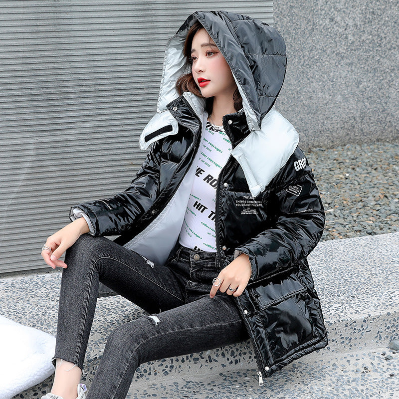Contrast Color Shiny Hooded Down Coat