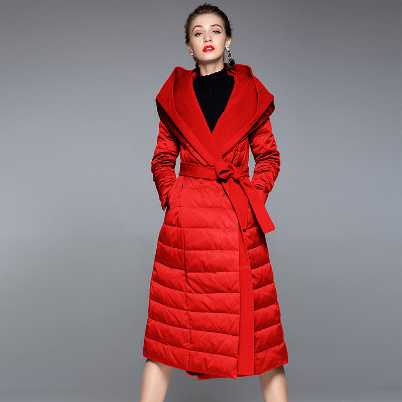 Knee High Lace Up Patchwork Hooded Down Jacket