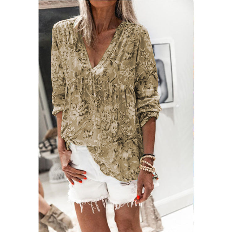 Floral Lantern Sleeve V-Neck Blouse