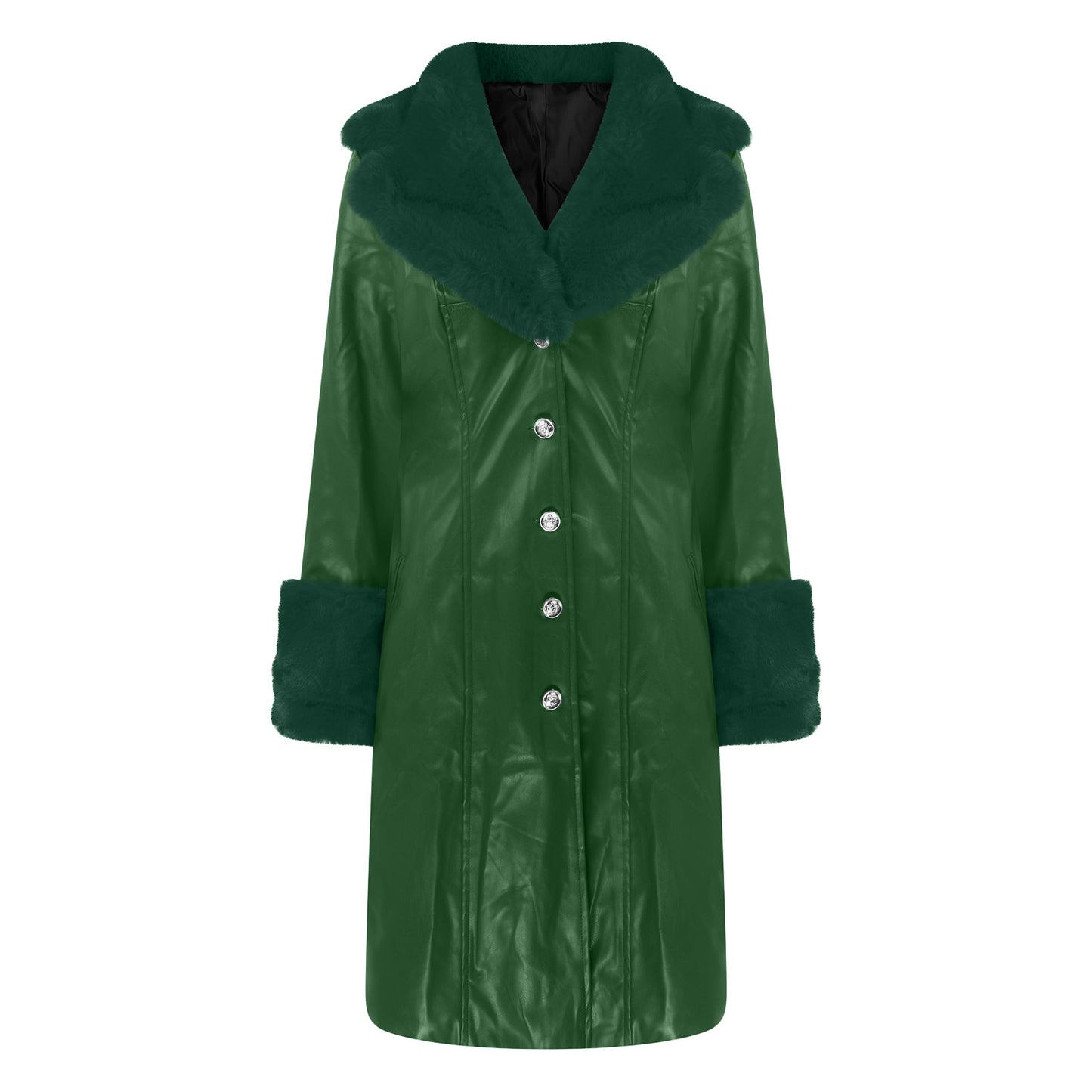 Long Faux Leather & Faux Fur Collar-n-Cuff Coat