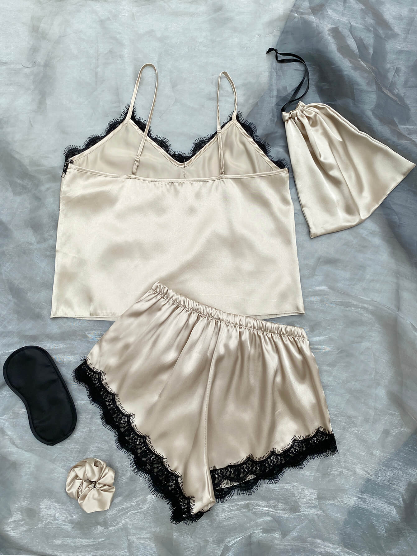 Satin Pajama Set-Lace Trim Cami, Shorts, Eye Mask, Scrunchie, and Bag