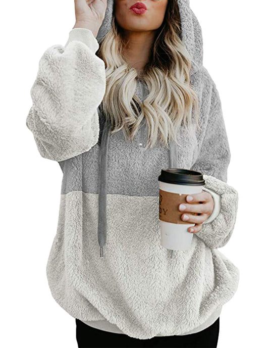 Two Tone Plush Drawstring Hoodie