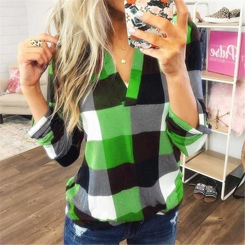 Plaid Printed Long Sleeve V-Neck Shirt (up to 5XL)