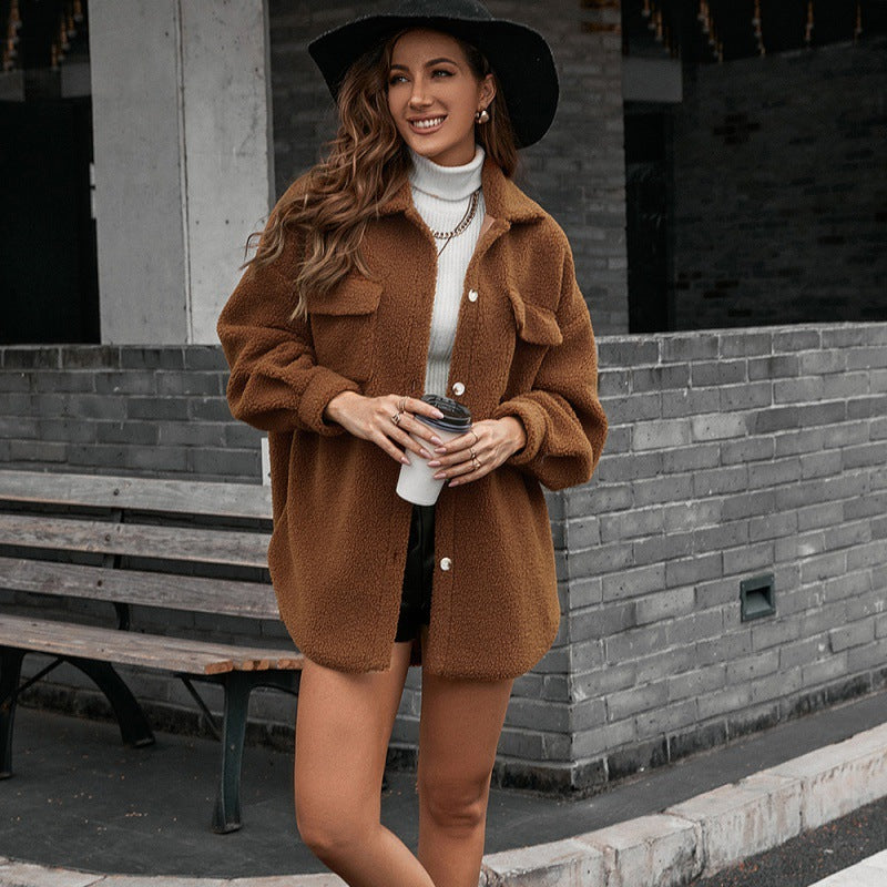 Furry Single Breasted Long Sleeve Woolen Teddy Jacket