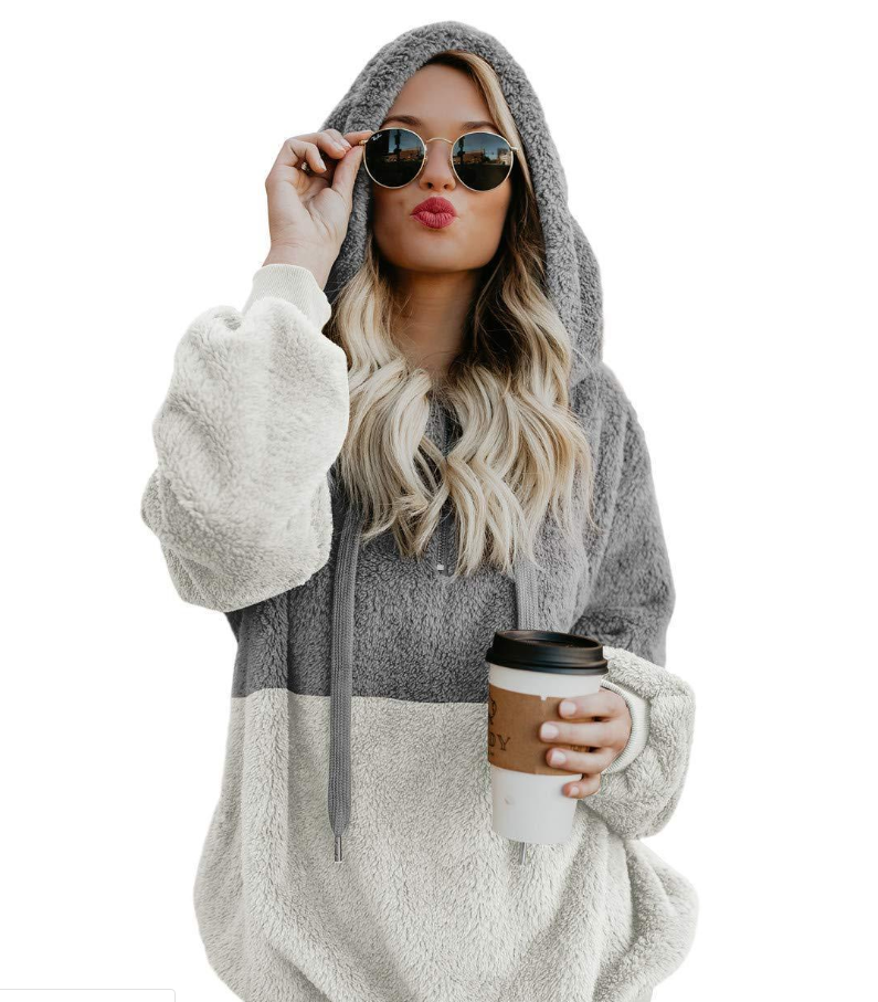 Two Tone Plush Drawstring Hoodie