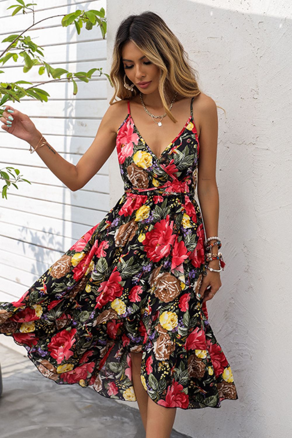 Floral Spaghetti Strap Crisscross Tie Dress