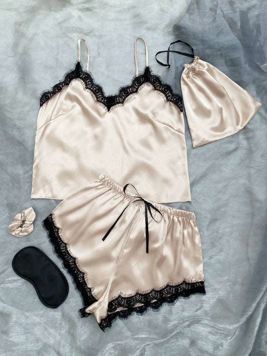 Satin Pajama Set-Lace Trim Cami, Shorts, Eye Mask, Scrunchie, and Bag