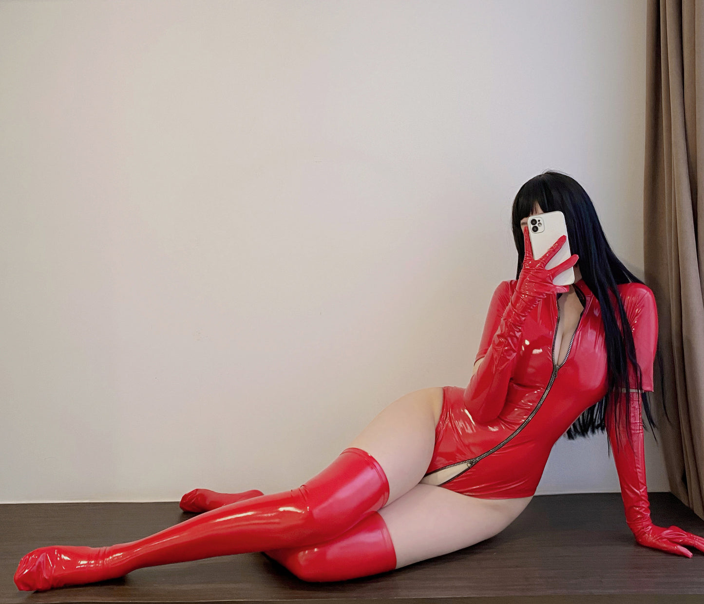 High Stretch Shiny Faux Leather Bodysuit and Gloves