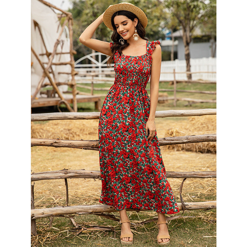 Red Floral High Waist Sleeveless Sling Dress