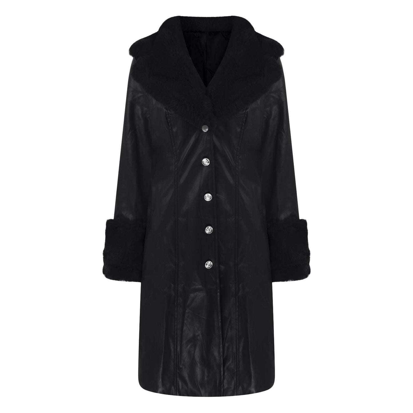 Long Faux Leather & Faux Fur Collar-n-Cuff Coat