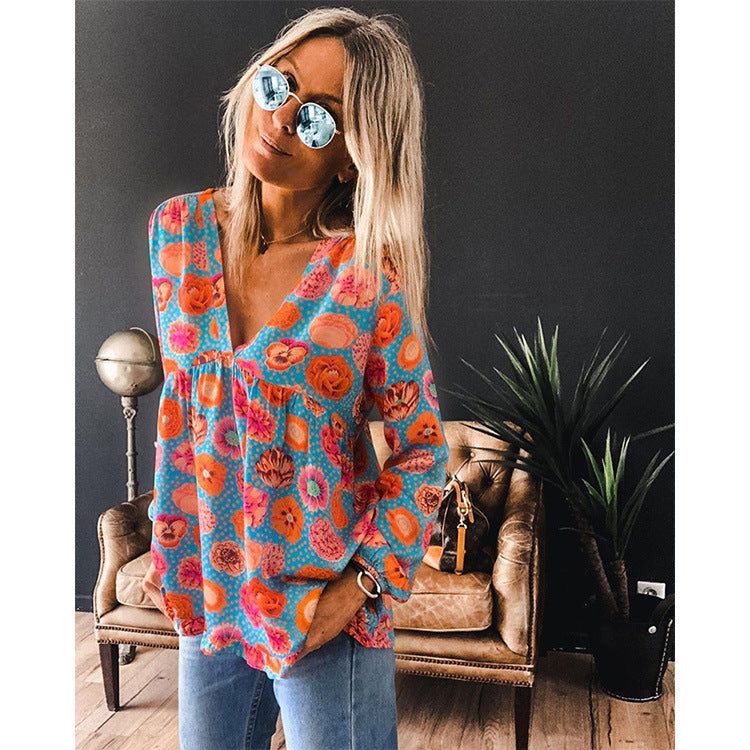 Floral Lantern Sleeve V-Neck Blouse