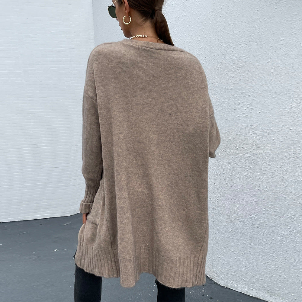 Long Loose Fitted Knitted Sweater with Pockets