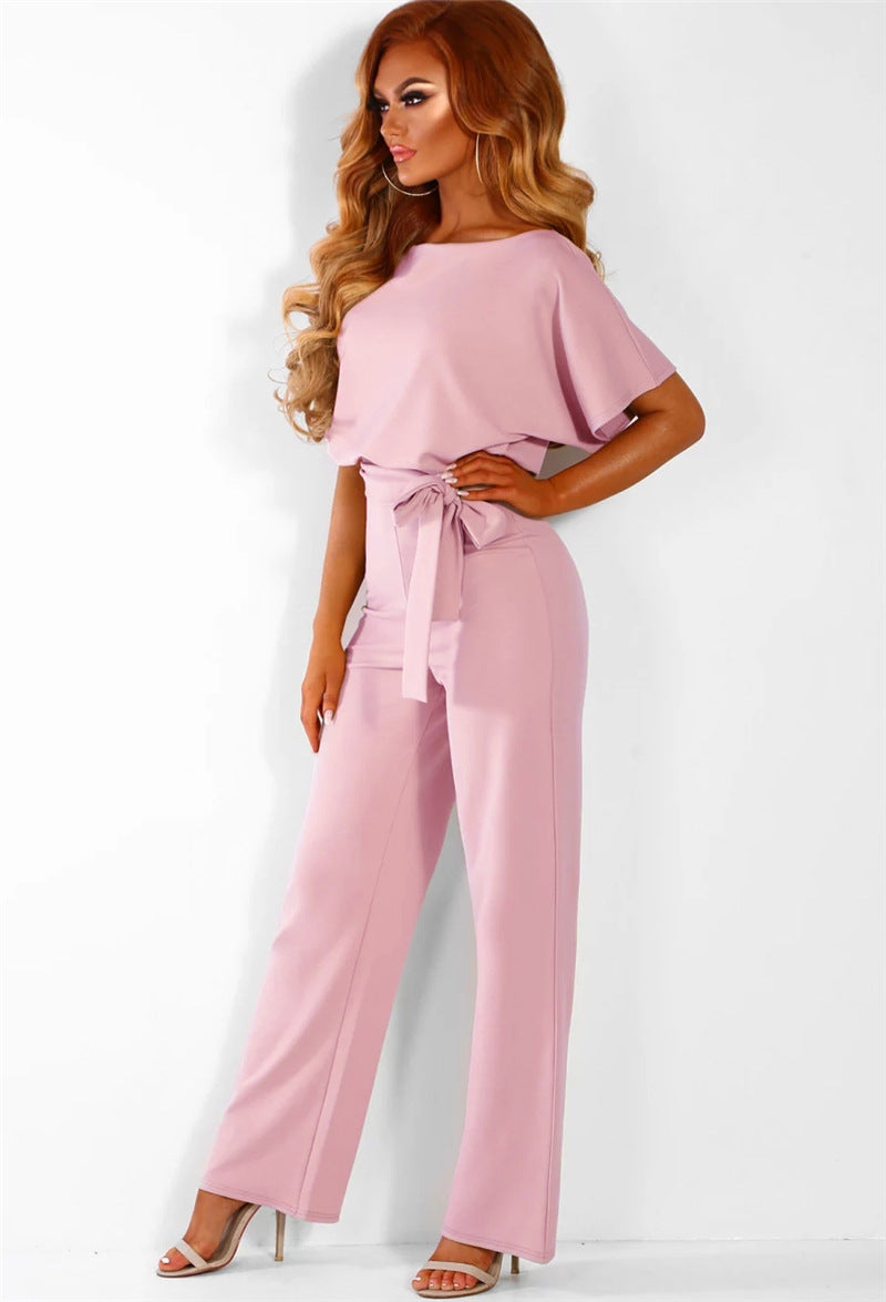 Button & Tie Short Sleeve Pants Jumpsuit