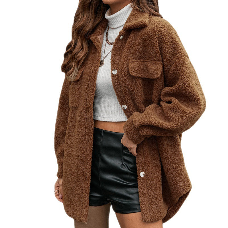 Furry Single Breasted Long Sleeve Woolen Teddy Jacket