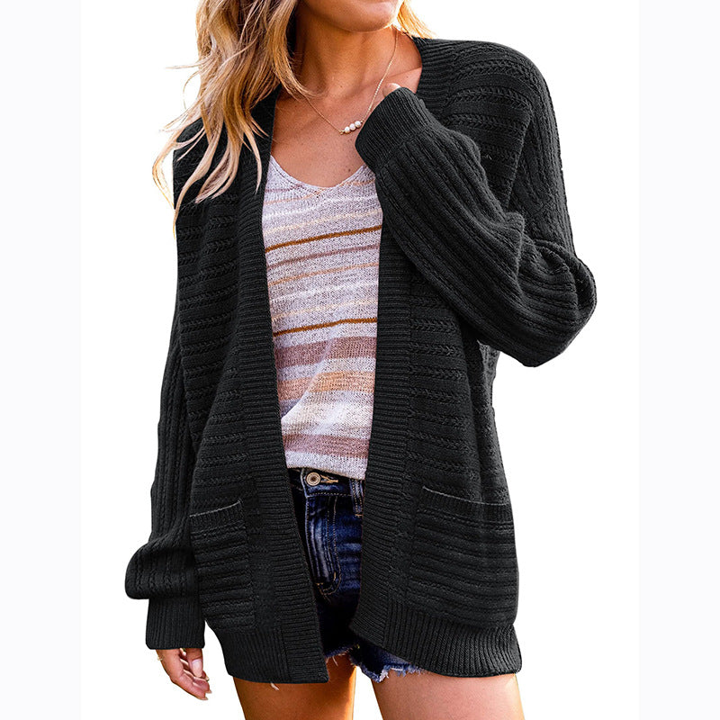 Lantern Sleeve Open Front Sweater w/Pockets