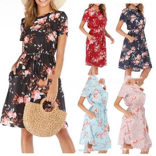 Floral Short-sleeved Knee-length Dress