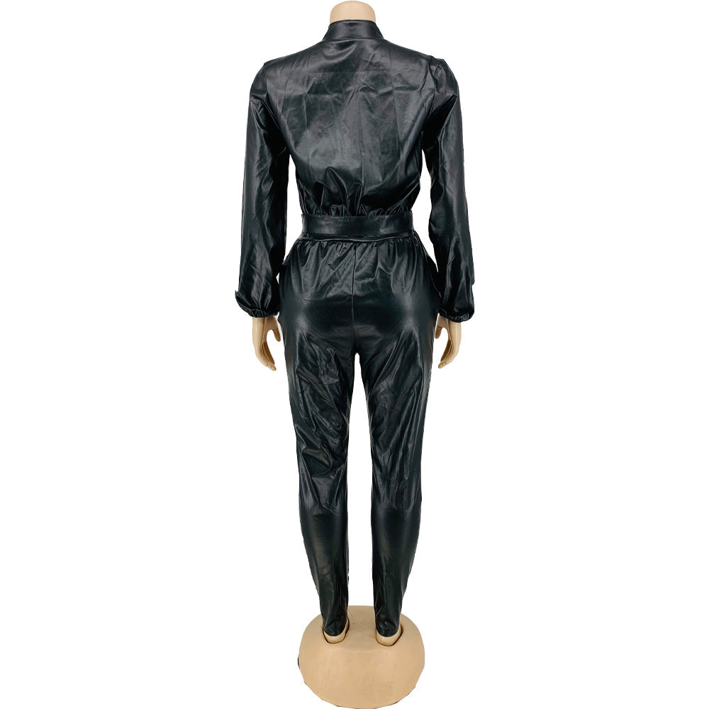 Faux Leather Button Up Waist Belt Jumpsuit