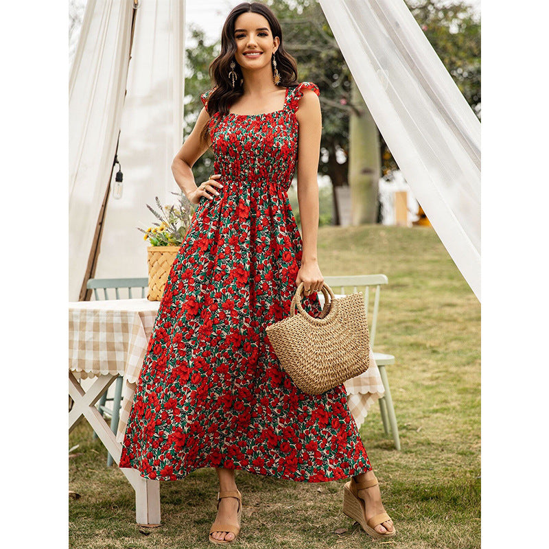 Red Floral High Waist Sleeveless Sling Dress