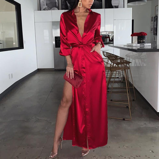 Long Sleeve Faux Satin Dress